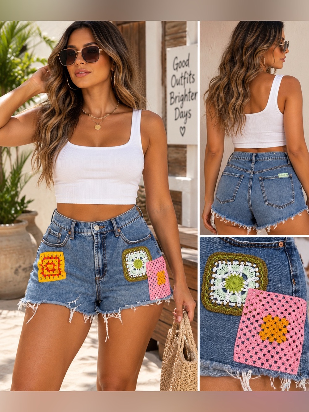 Circus NY by Sam Edelman Crochet Granny Square High Rise Denim Shorts